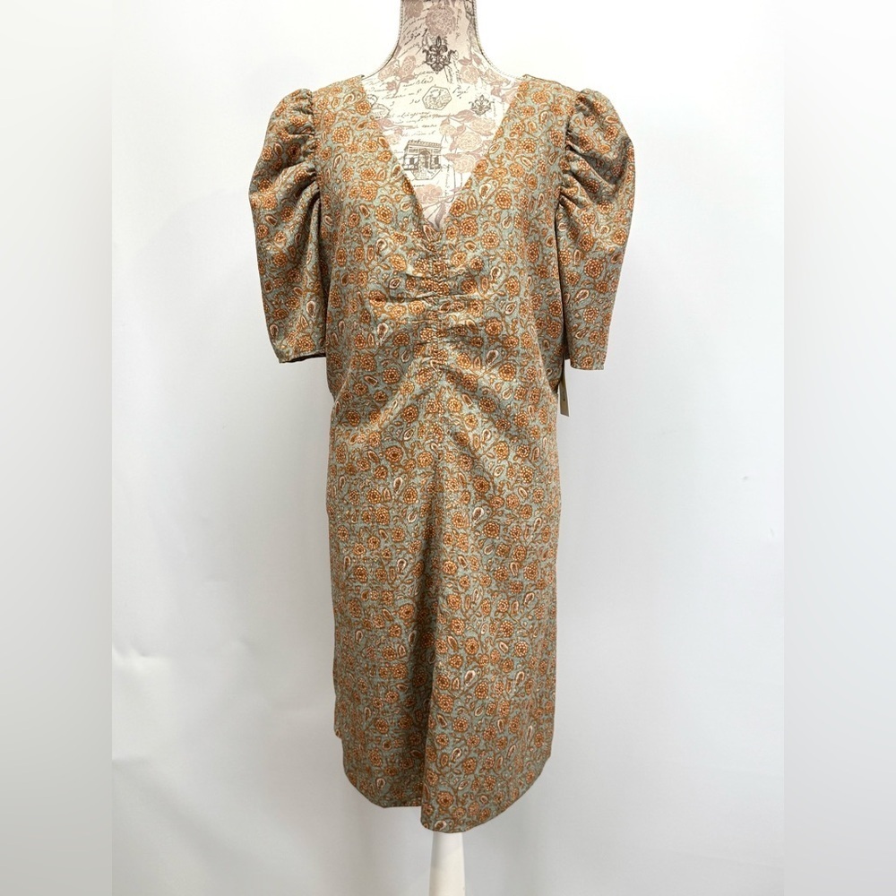 TREASURE & BOND Moss green and orange paisley puff sleeve shift dress size XXL. - Picture 7 of 13